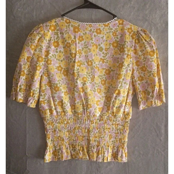 WAYF Retro Floral Print V-Neck Smocked Waist Top Size S Bright Boho Cottage core - Picture 6 of 8